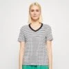 Selected Femme SLFESSENTIAL STRIPED V-NECK TEE - T-shirt Z Nadrukiem - Black
