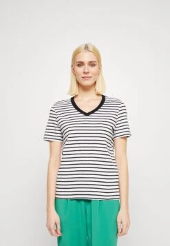 Selected Femme SLFESSENTIAL STRIPED V-NECK TEE - T-shirt Z Nadrukiem - Black