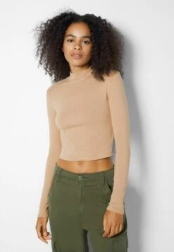 BERSHKA HIGH NECK - Bluzka Z Długim Rękawem - Camel